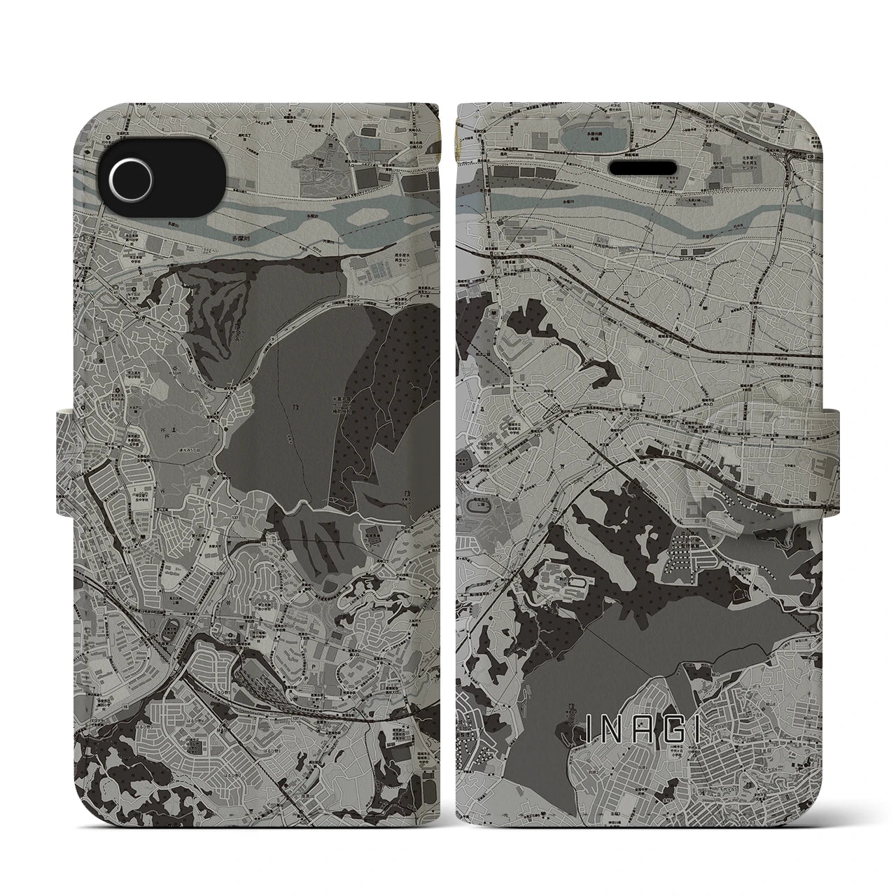 【稲城(東京都)】地図柄iPhoneケース(手帳タイプ)モノトーン・iPhone SE(第3 / 第2世代) / 8 / 7 / 6s / 6 用