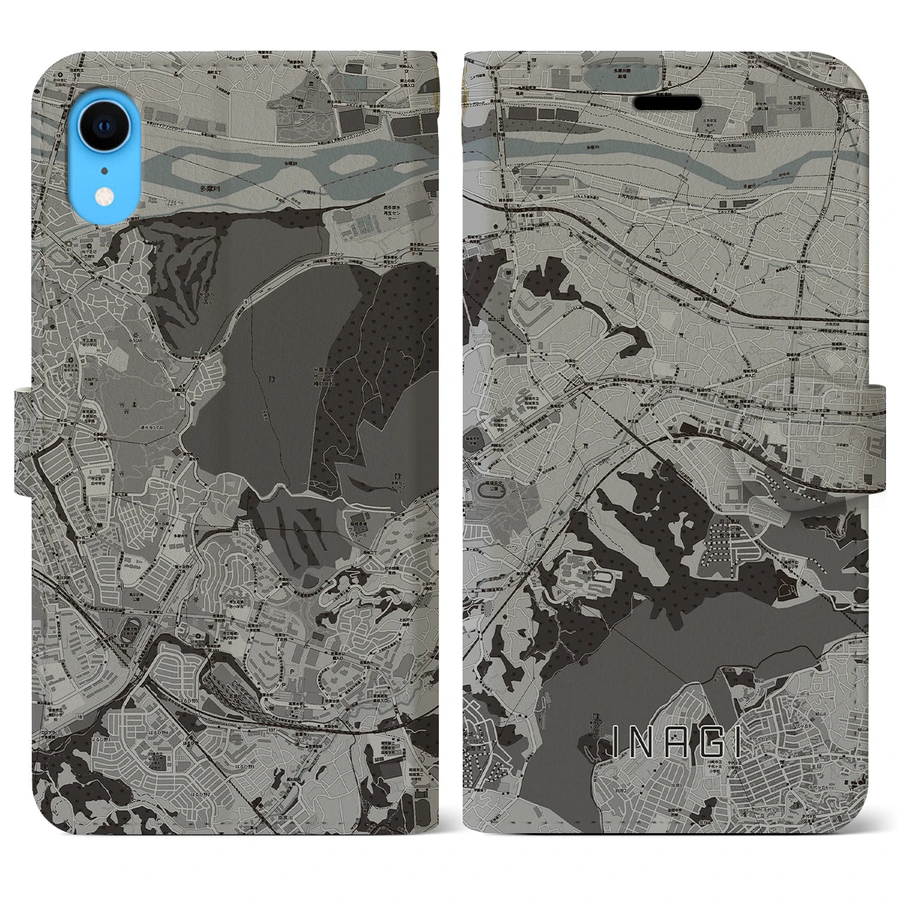 【稲城(東京都)】地図柄iPhoneケース(手帳タイプ)モノトーン・iPhone XR 用