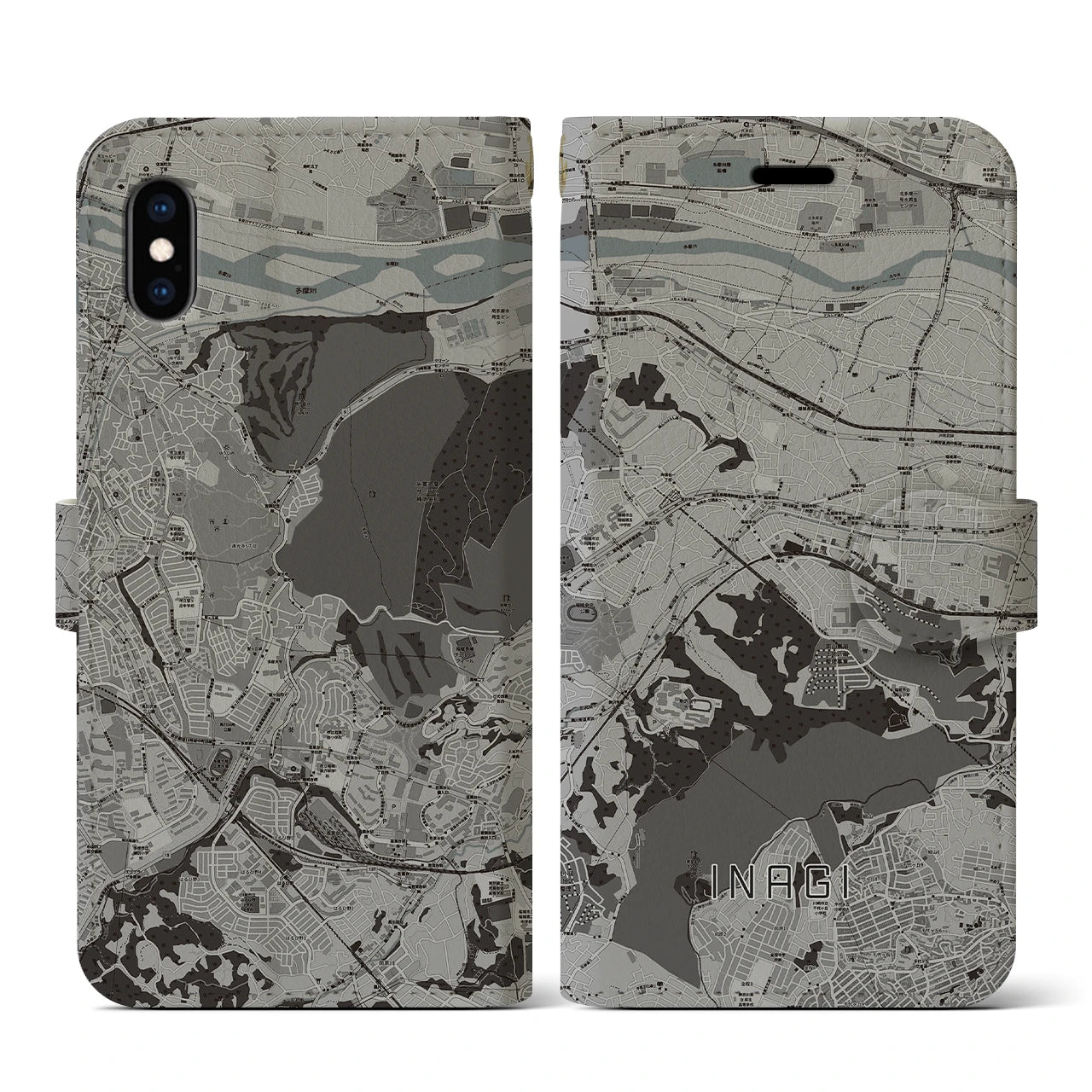 【稲城(東京都)】地図柄iPhoneケース(手帳タイプ)モノトーン・iPhone XS / X 用