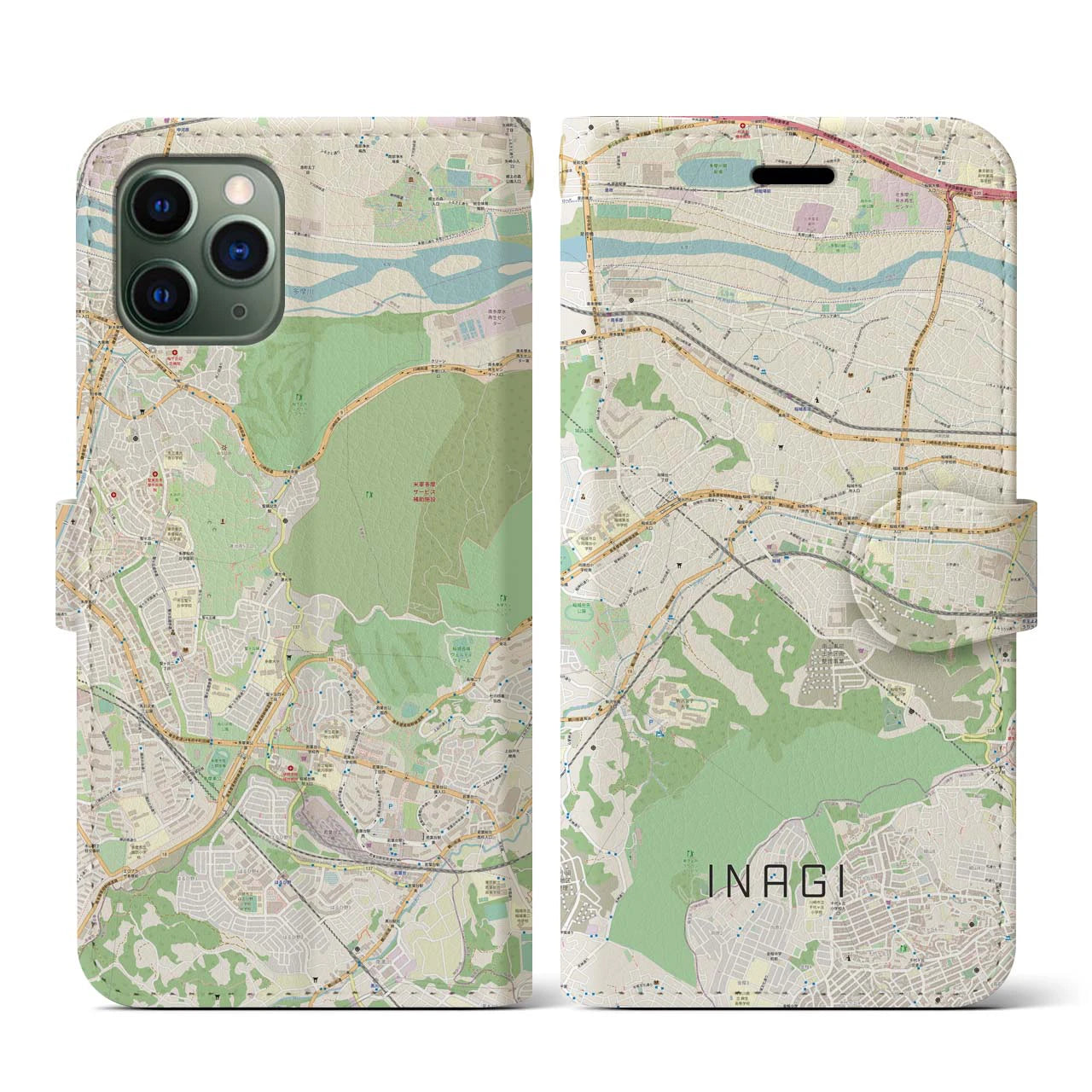 【稲城(東京都)】地図柄iPhoneケース(手帳タイプ)ナチュラル・iPhone 11 Pro 用