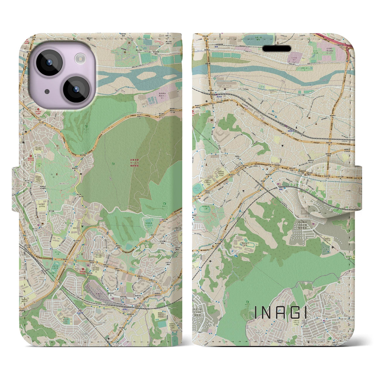 【稲城(東京都)】地図柄iPhoneケース(手帳タイプ)ナチュラル・iPhone 14 用