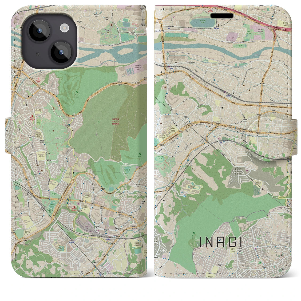 【稲城(東京都)】地図柄iPhoneケース(手帳タイプ)ナチュラル・iPhone 14 Plus 用