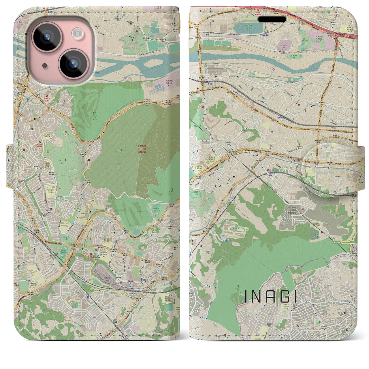 【稲城(東京都)】地図柄iPhoneケース(手帳タイプ)ナチュラル・iPhone 15 Plus 用