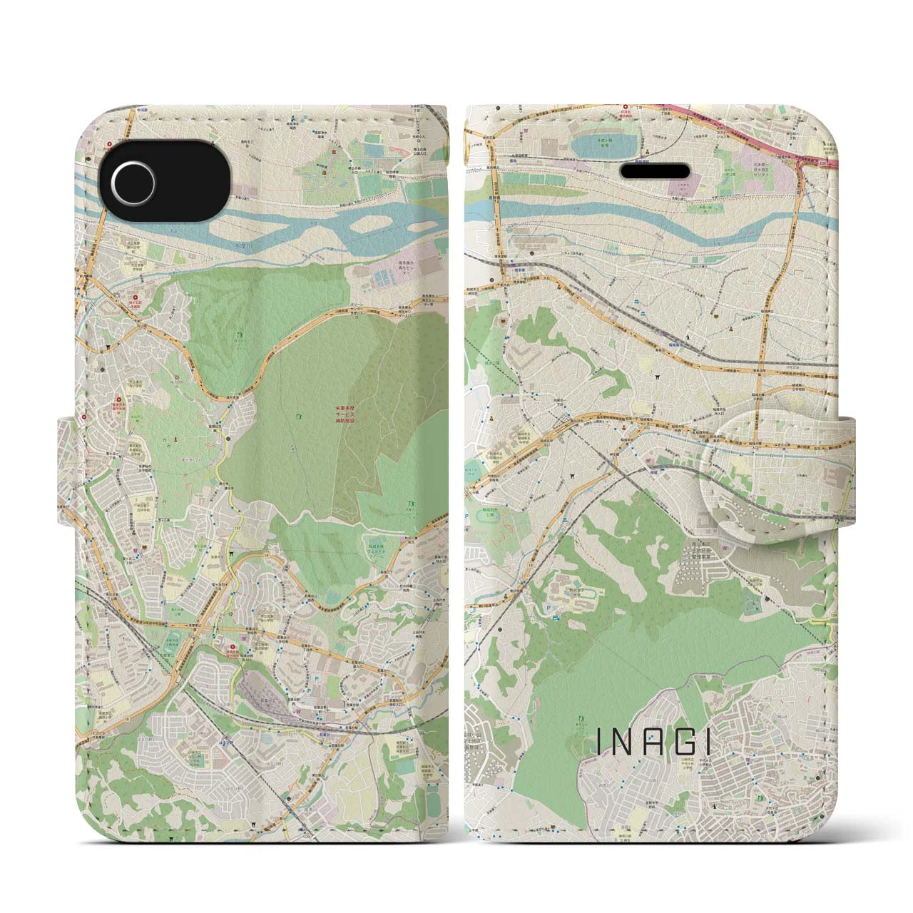 【稲城(東京都)】地図柄iPhoneケース(手帳タイプ)ナチュラル・iPhone SE(第3 / 第2世代) / 8 / 7 / 6s / 6 用