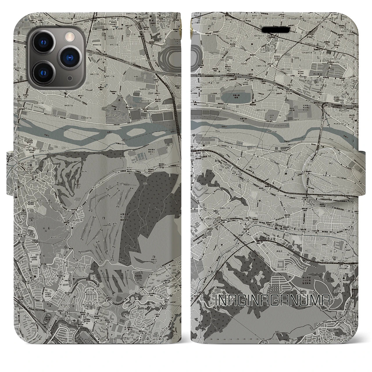【稲城長沼(東京都)】地図柄iPhoneケース(手帳タイプ)モノトーン・iPhone 11 Pro Max 用