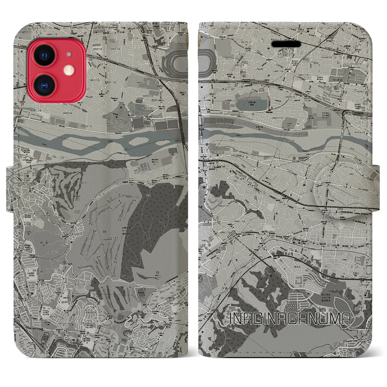 【稲城長沼(東京都)】地図柄iPhoneケース(手帳タイプ)モノトーン・iPhone 11 用