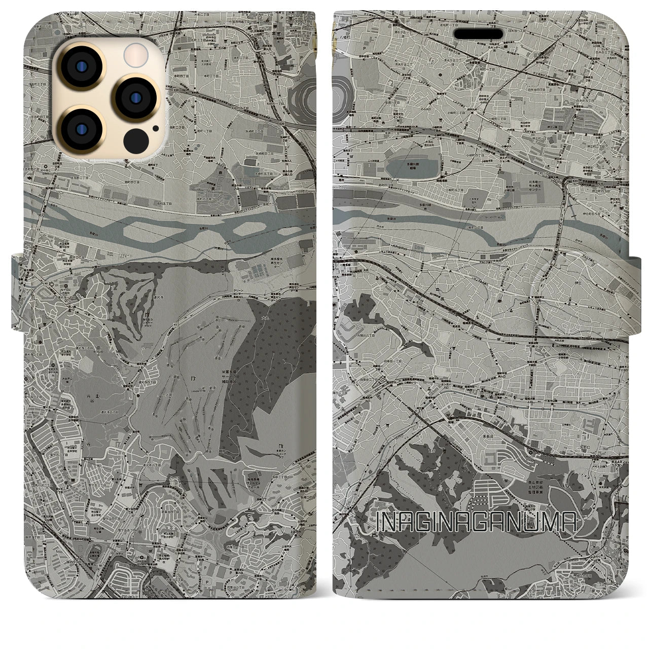 【稲城長沼(東京都)】地図柄iPhoneケース(手帳タイプ)モノトーン・iPhone 12 Pro Max 用