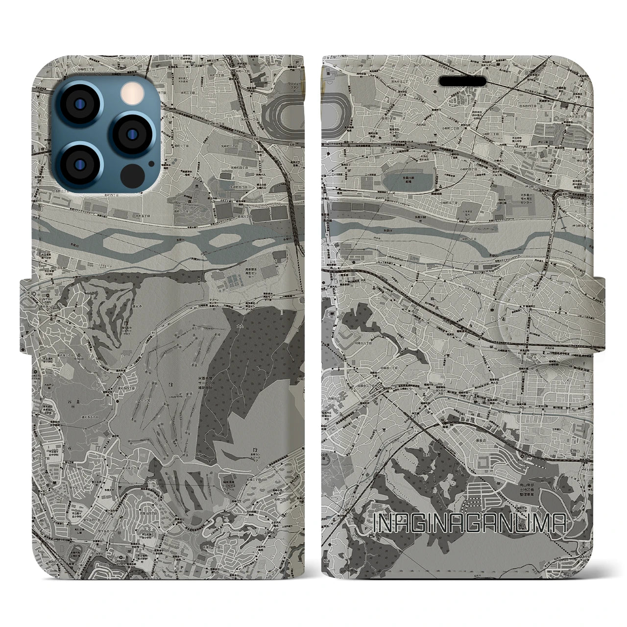 【稲城長沼(東京都)】地図柄iPhoneケース(手帳タイプ)モノトーン・iPhone 12 / 12 Pro 用