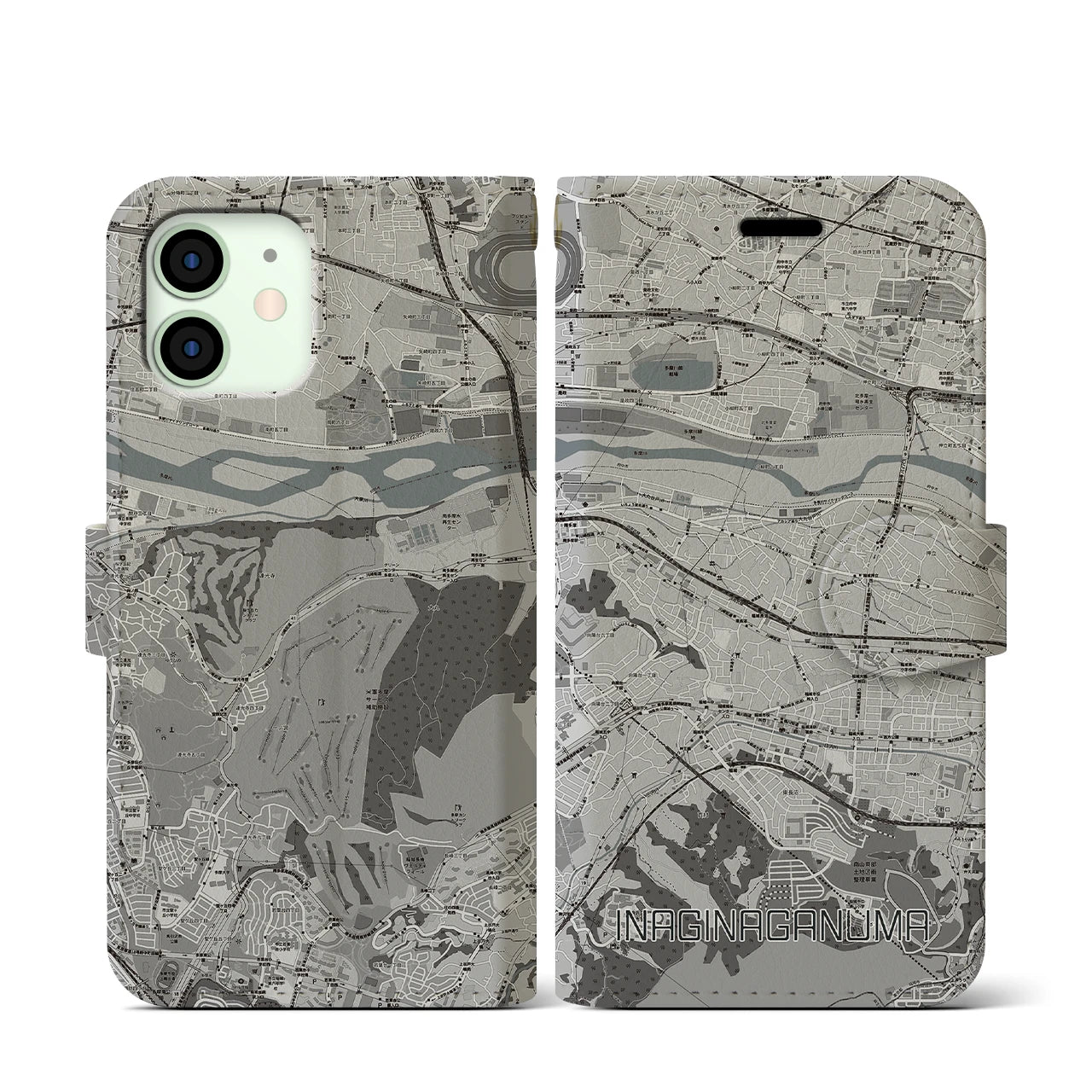 【稲城長沼(東京都)】地図柄iPhoneケース(手帳タイプ)モノトーン・iPhone 12 mini 用