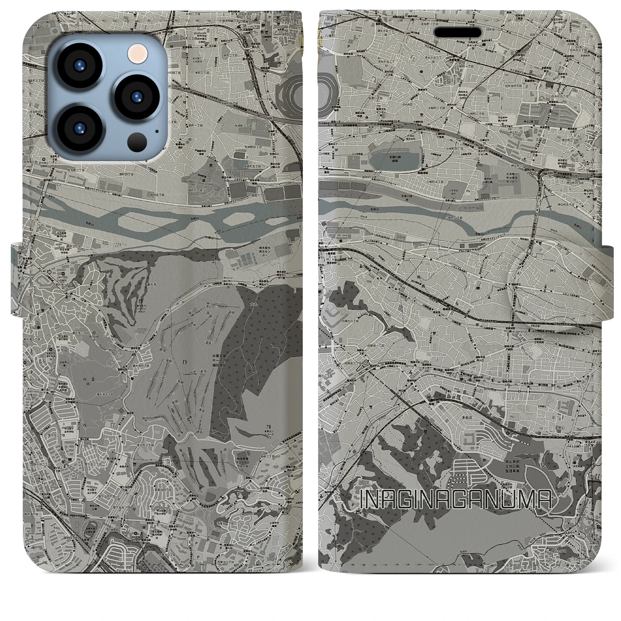 【稲城長沼(東京都)】地図柄iPhoneケース(手帳タイプ)モノトーン・iPhone 13 Pro Max 用