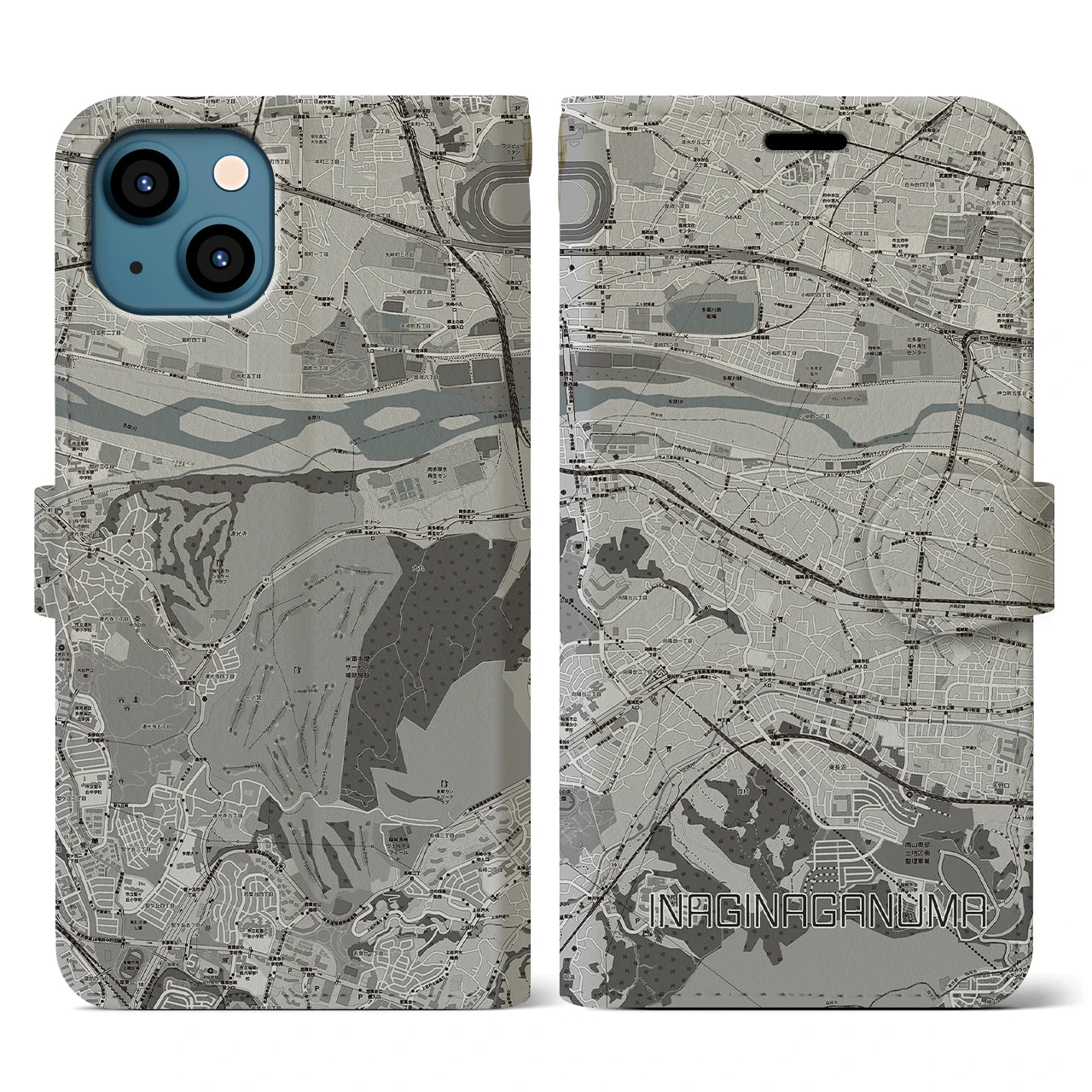 【稲城長沼(東京都)】地図柄iPhoneケース(手帳タイプ)モノトーン・iPhone 13 用