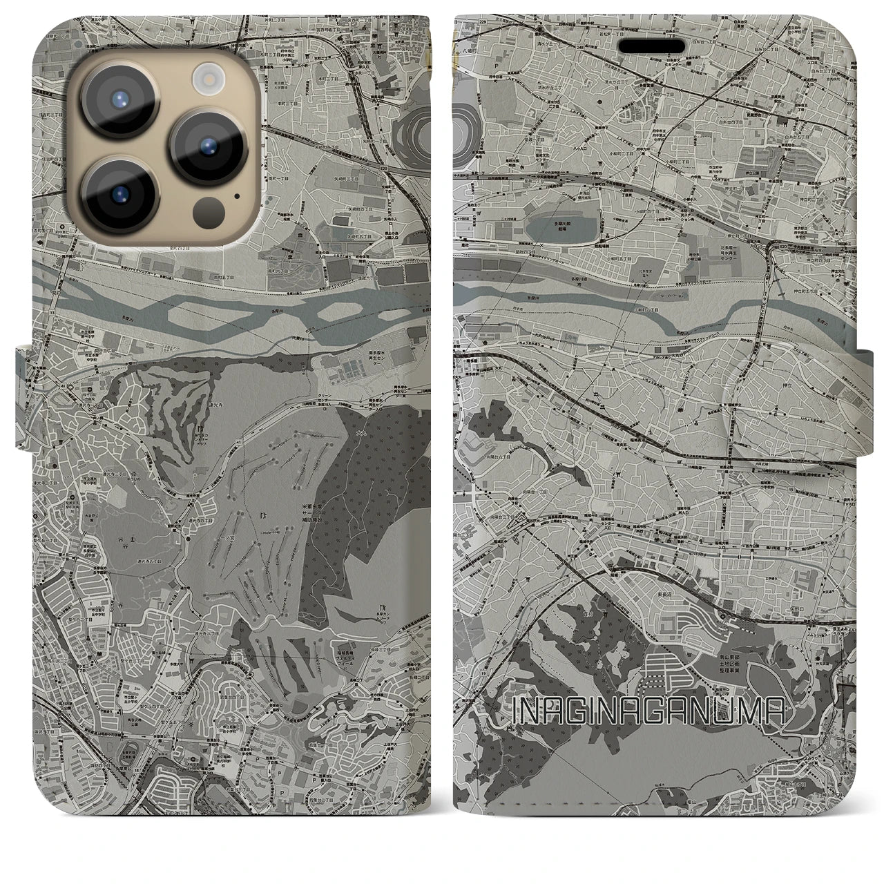 【稲城長沼(東京都)】地図柄iPhoneケース(手帳タイプ)モノトーン・iPhone 14 Pro Max 用