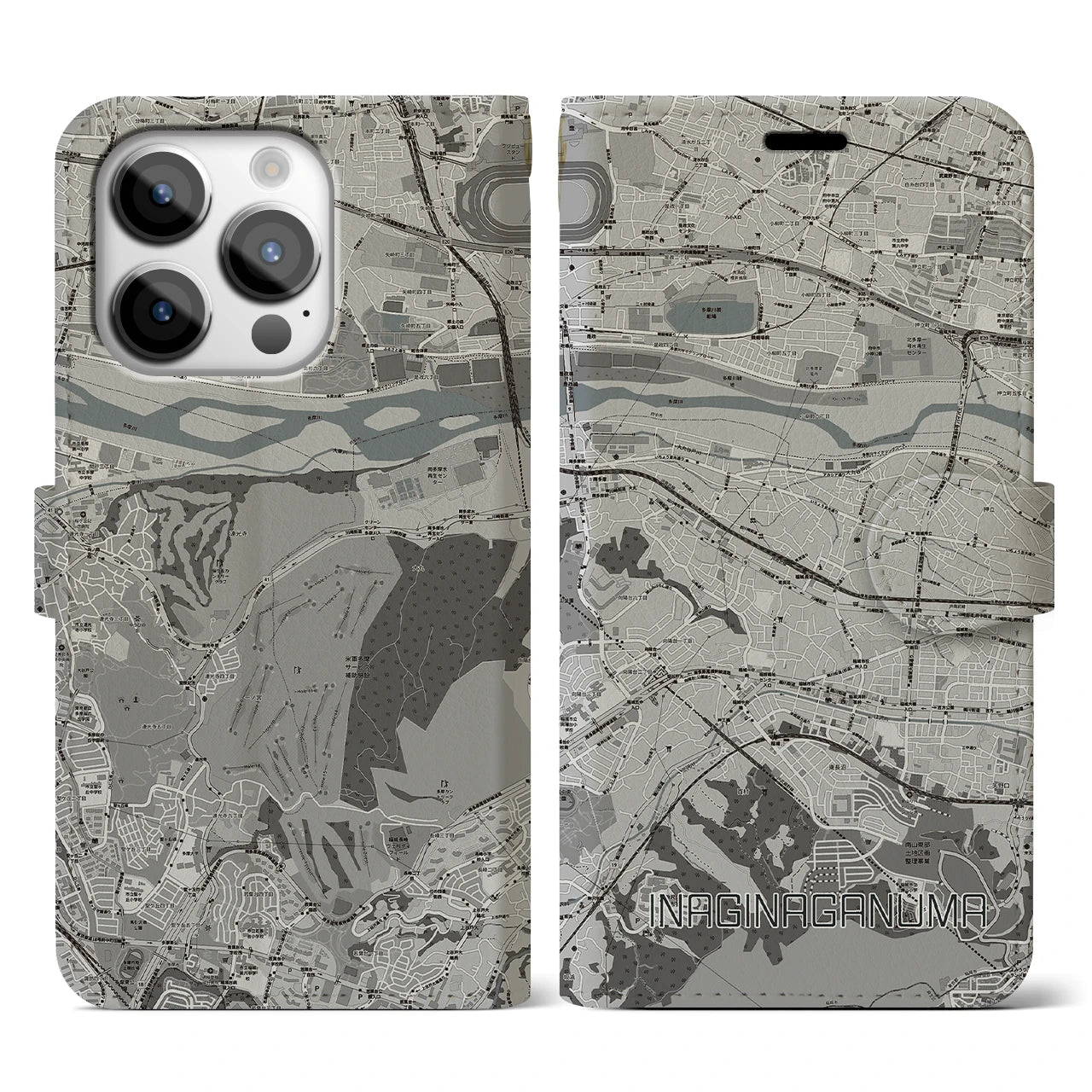 【稲城長沼(東京都)】地図柄iPhoneケース(手帳タイプ)モノトーン・iPhone 14 Pro 用