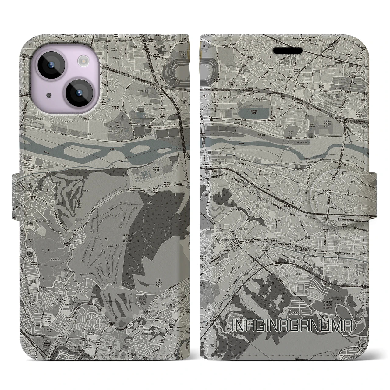 【稲城長沼(東京都)】地図柄iPhoneケース(手帳タイプ)モノトーン・iPhone 14 用