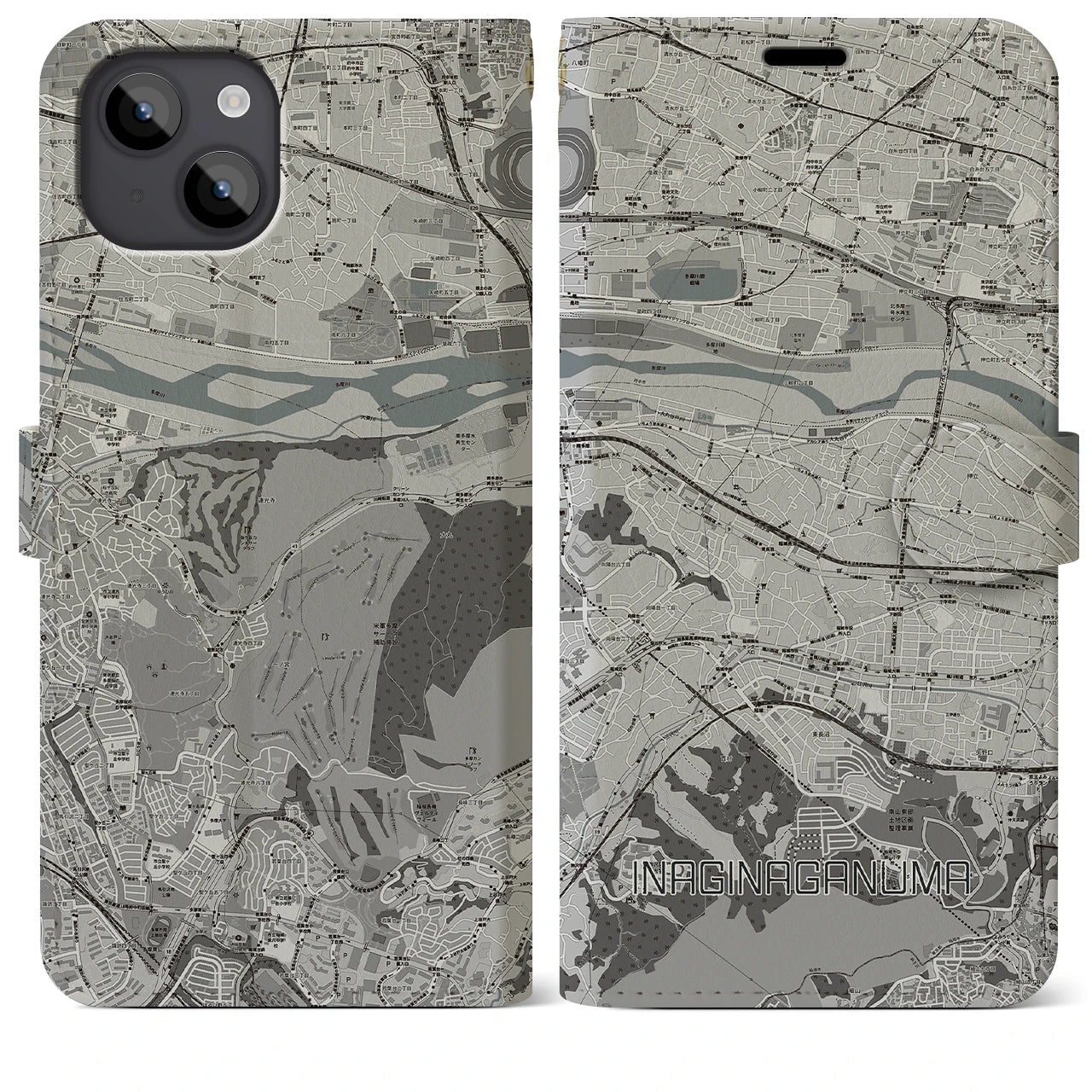 【稲城長沼(東京都)】地図柄iPhoneケース(手帳タイプ)モノトーン・iPhone 14 Plus 用