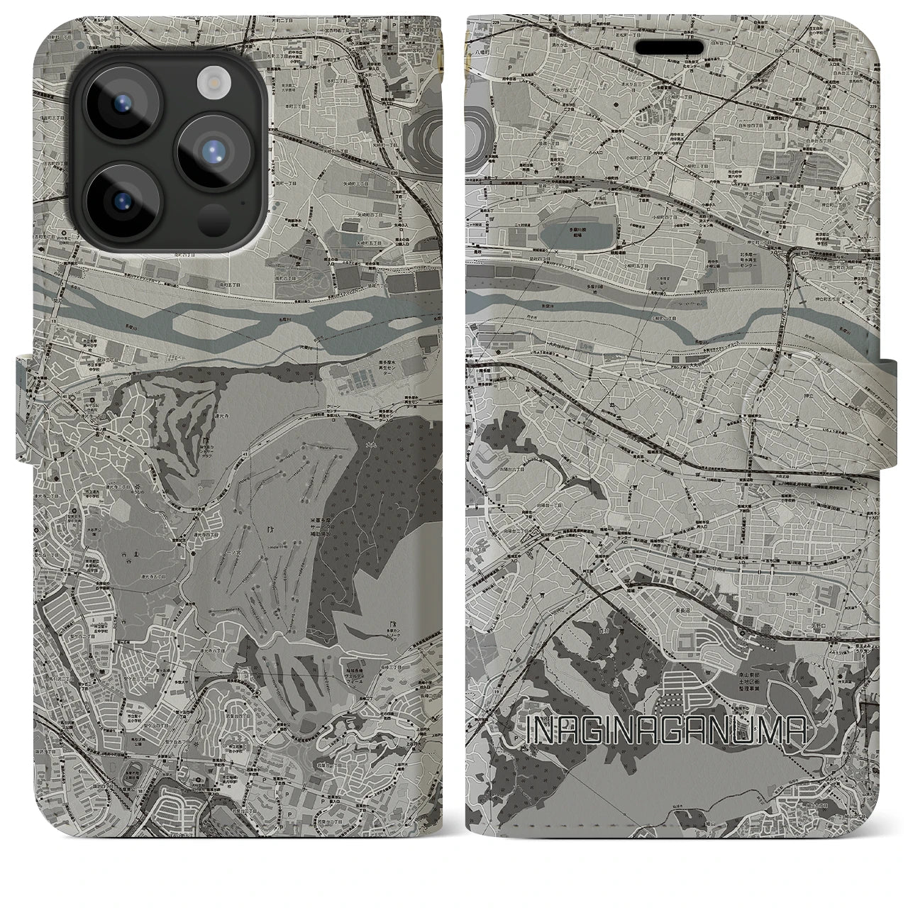 【稲城長沼(東京都)】地図柄iPhoneケース(手帳タイプ)モノトーン・iPhone 15 Pro Max 用