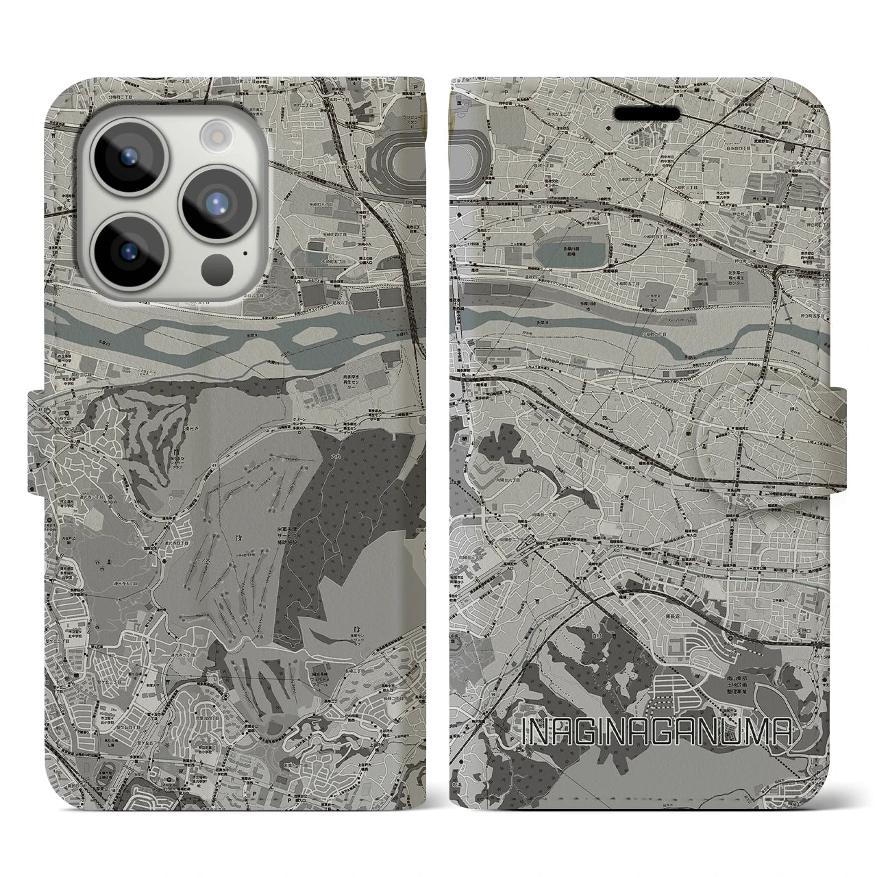 【稲城長沼(東京都)】地図柄iPhoneケース(手帳タイプ)モノトーン・iPhone 15 Pro 用