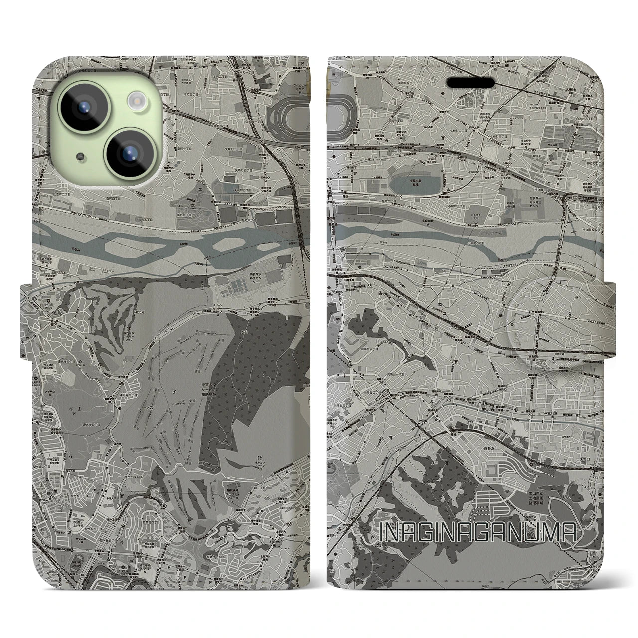 【稲城長沼(東京都)】地図柄iPhoneケース(手帳タイプ)モノトーン・iPhone 15 用