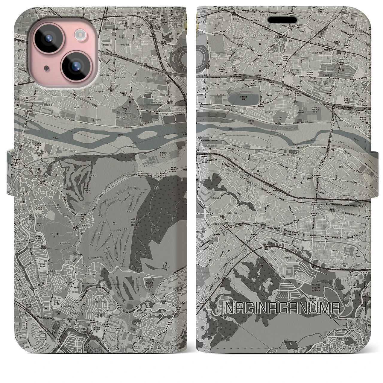 【稲城長沼(東京都)】地図柄iPhoneケース(手帳タイプ)モノトーン・iPhone 15 Plus 用