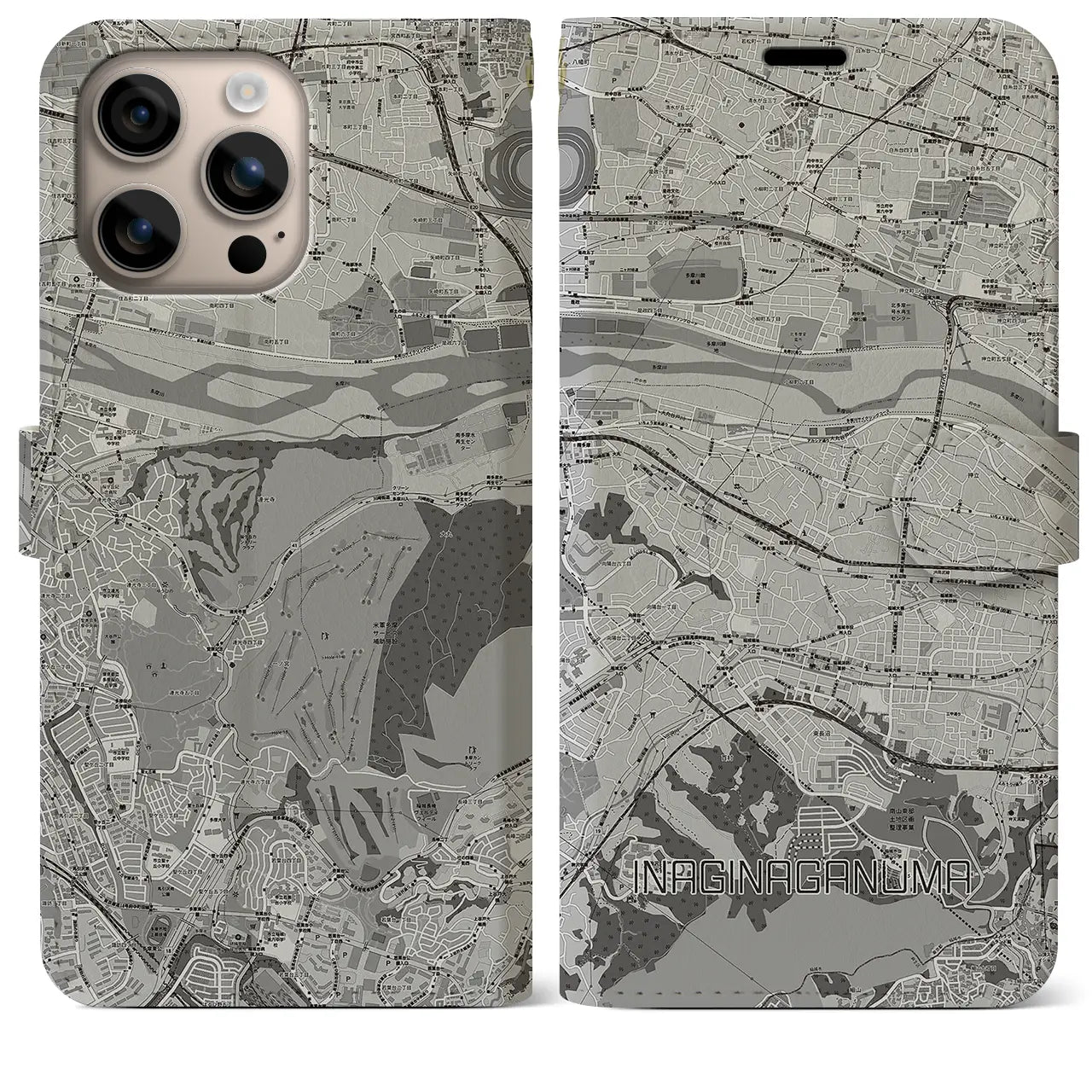 【稲城長沼(東京都)】地図柄iPhoneケース(手帳タイプ)モノトーン・iPhone 16 Plus 用
