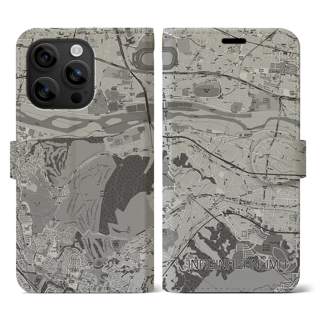 【稲城長沼(東京都)】地図柄iPhoneケース(手帳タイプ)モノトーン・iPhone 16 用