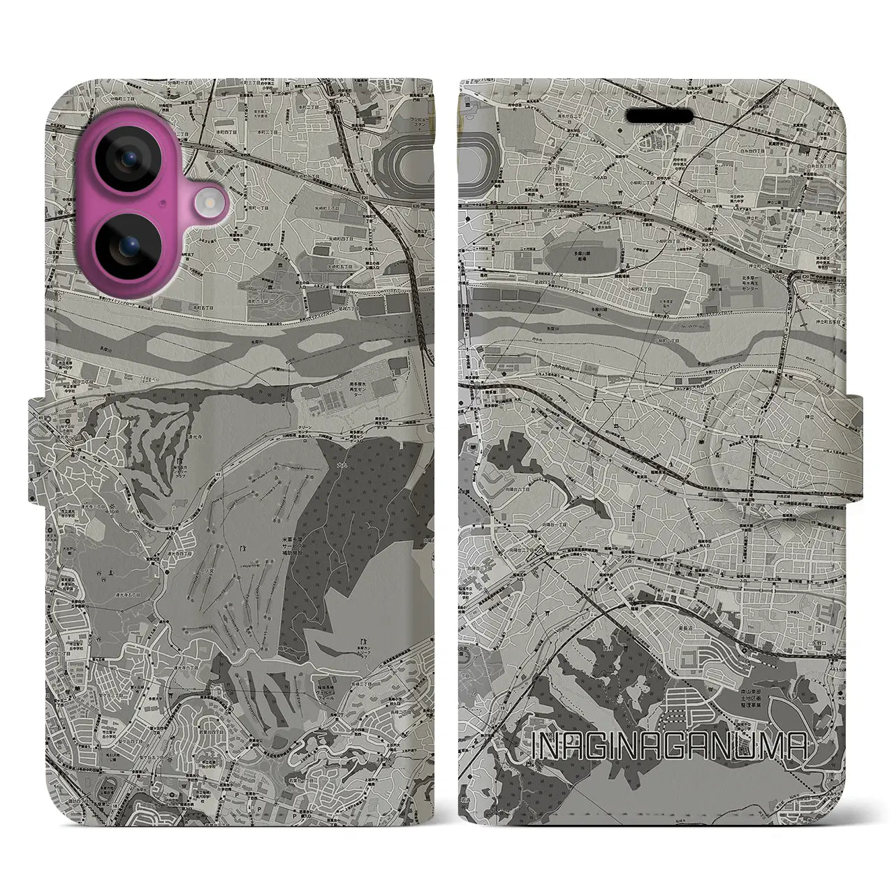 【稲城長沼(東京都)】地図柄iPhoneケース(手帳タイプ)モノトーン・iPhone 16 Pro 用