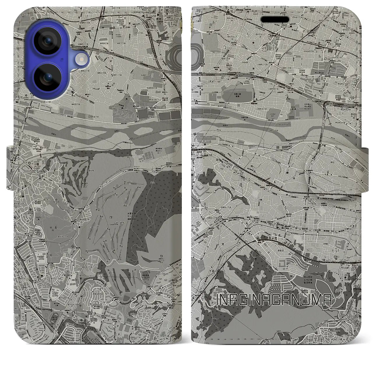 【稲城長沼(東京都)】地図柄iPhoneケース(手帳タイプ)モノトーン・iPhone 16 Pro Max 用