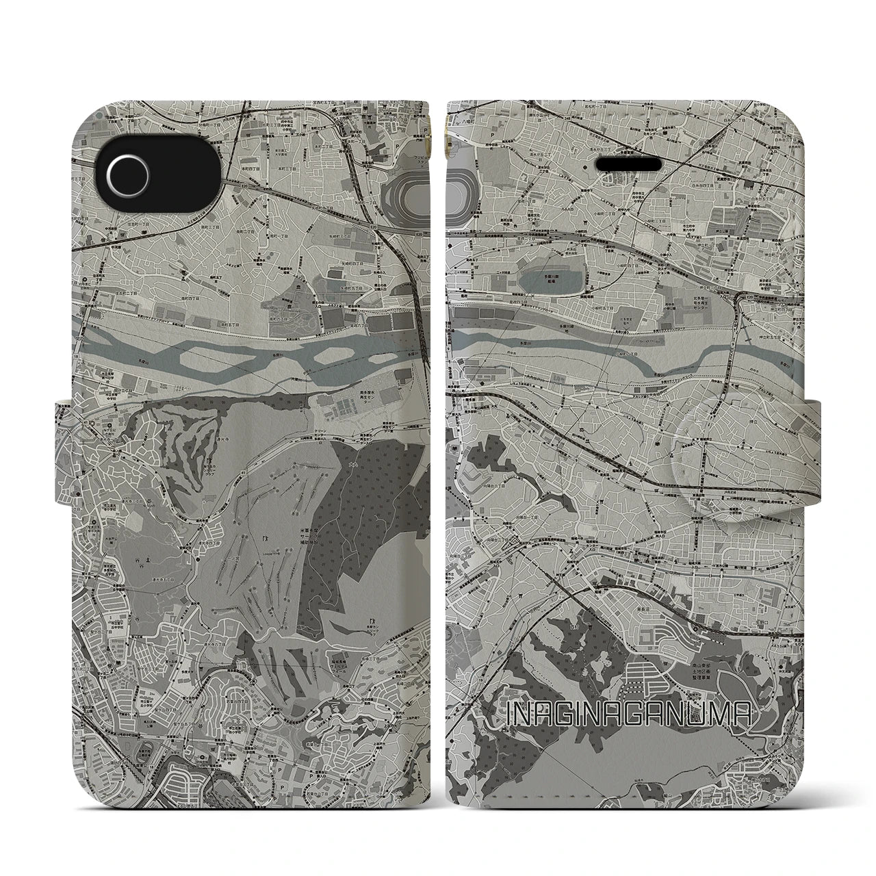 【稲城長沼(東京都)】地図柄iPhoneケース(手帳タイプ)モノトーン・iPhone SE(第3 / 第2世代) / 8 / 7 / 6s / 6 用