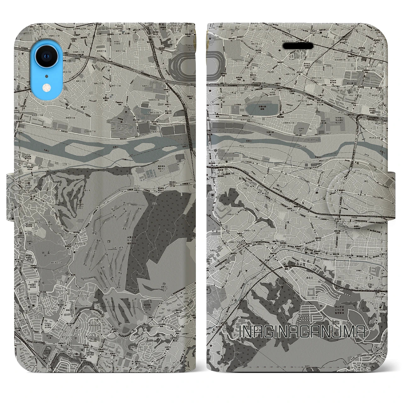 【稲城長沼(東京都)】地図柄iPhoneケース(手帳タイプ)モノトーン・iPhone XR 用