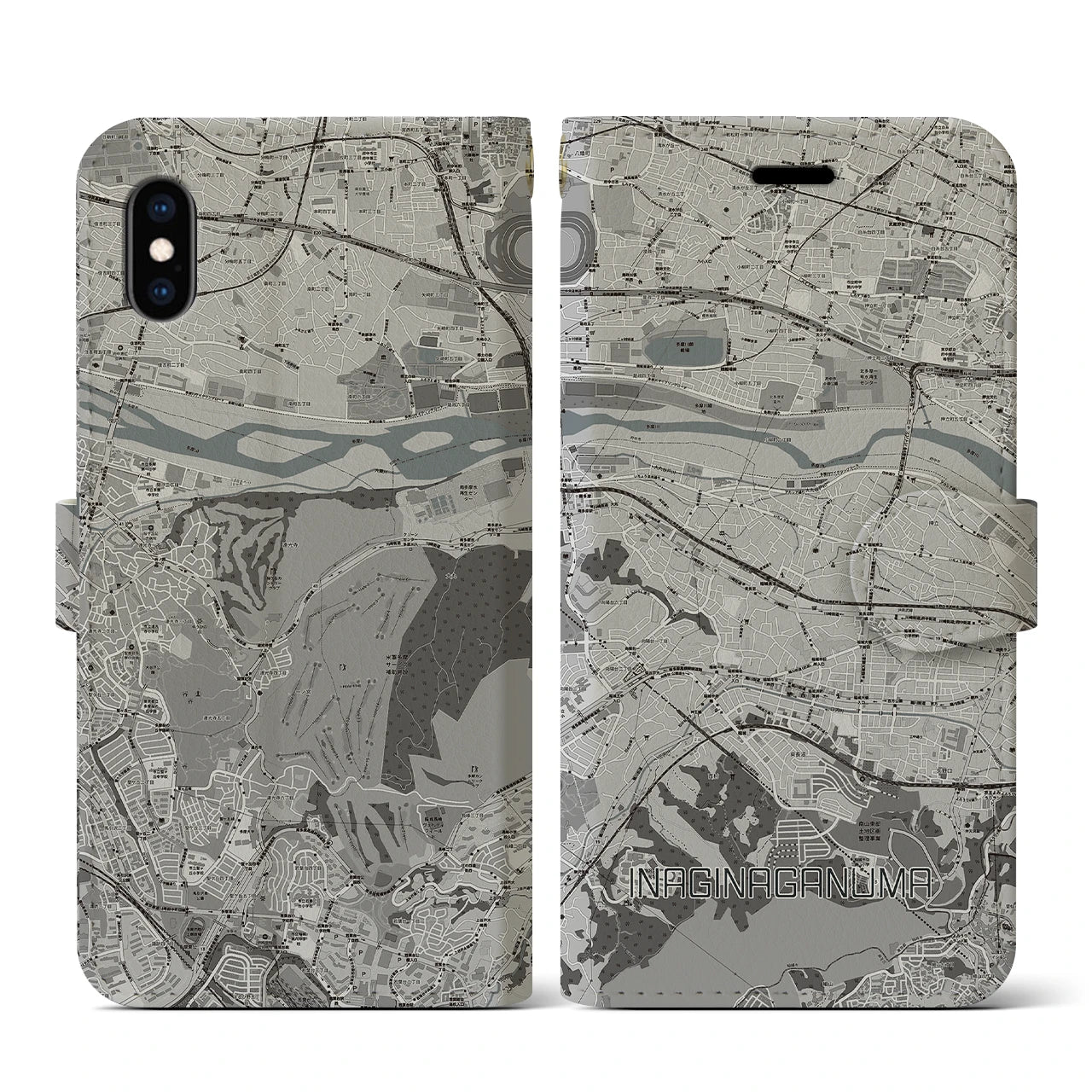 【稲城長沼(東京都)】地図柄iPhoneケース(手帳タイプ)モノトーン・iPhone XS / X 用