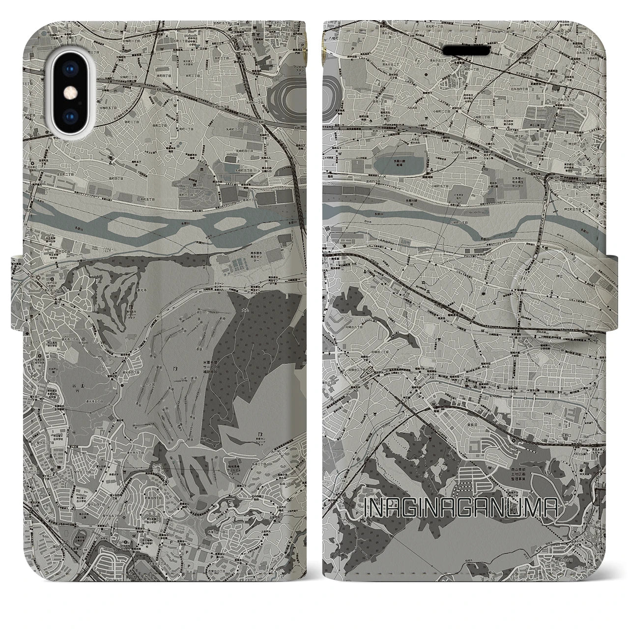 【稲城長沼(東京都)】地図柄iPhoneケース(手帳タイプ)モノトーン・iPhone XS Max 用