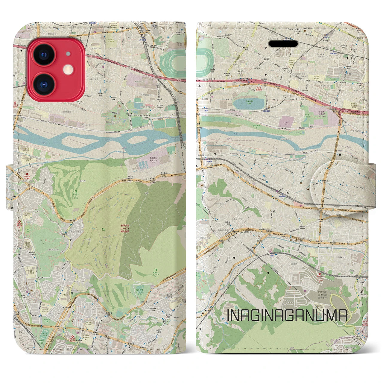 【稲城長沼(東京都)】地図柄iPhoneケース(手帳タイプ)ナチュラル・iPhone 11 用