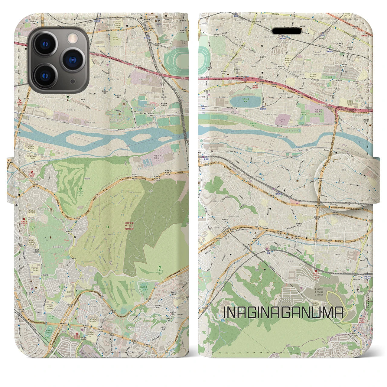 【稲城長沼(東京都)】地図柄iPhoneケース(手帳タイプ)ナチュラル・iPhone 11 Pro Max 用
