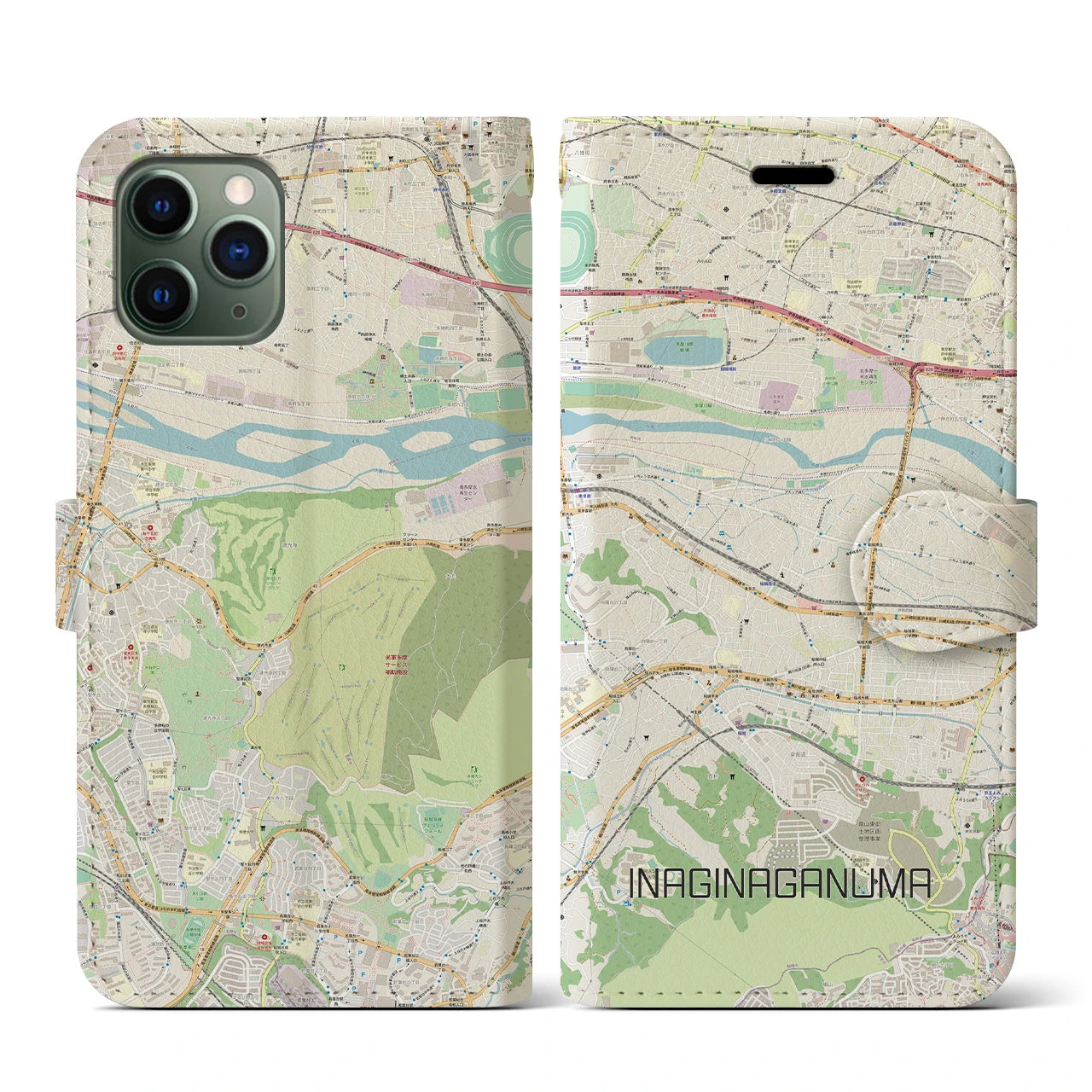 【稲城長沼(東京都)】地図柄iPhoneケース(手帳タイプ)ナチュラル・iPhone 11 Pro 用