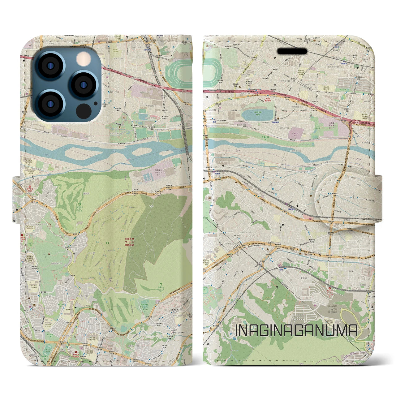 【稲城長沼(東京都)】地図柄iPhoneケース(手帳タイプ)ナチュラル・iPhone 12 / 12 Pro 用