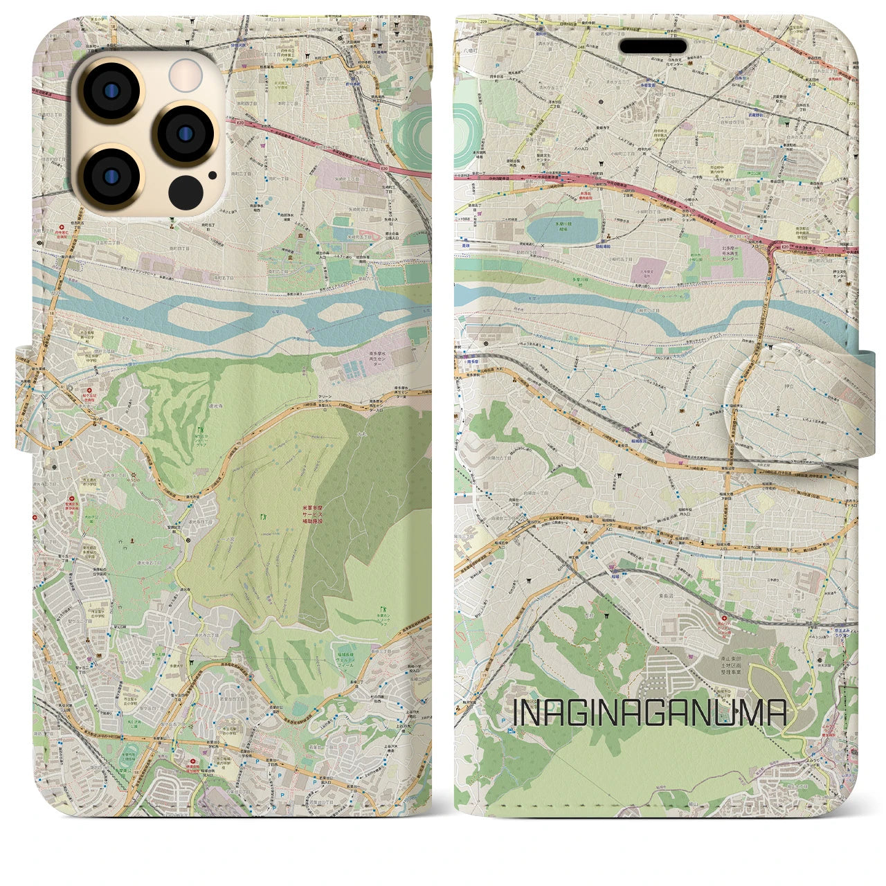 【稲城長沼(東京都)】地図柄iPhoneケース(手帳タイプ)ナチュラル・iPhone 12 Pro Max 用