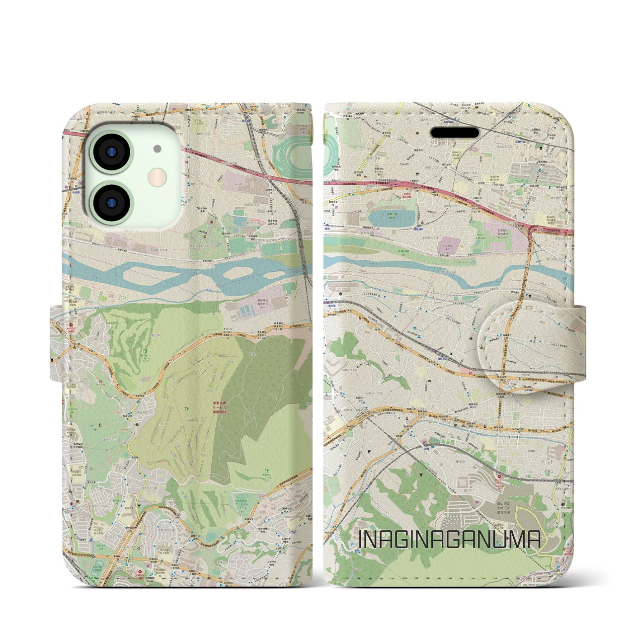 【稲城長沼(東京都)】地図柄iPhoneケース(手帳タイプ)ナチュラル・iPhone 12 mini 用