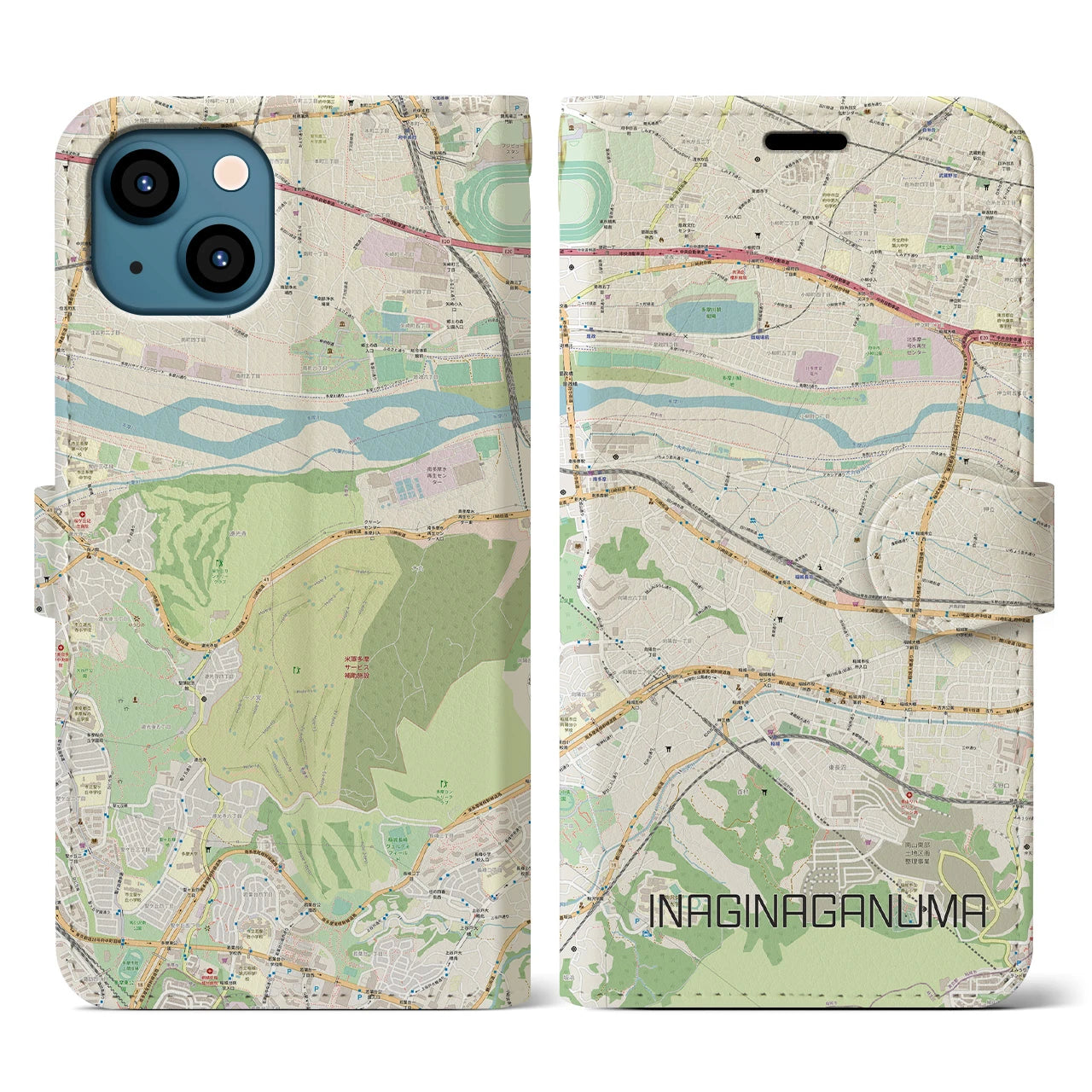 【稲城長沼(東京都)】地図柄iPhoneケース(手帳タイプ)ナチュラル・iPhone 13 用