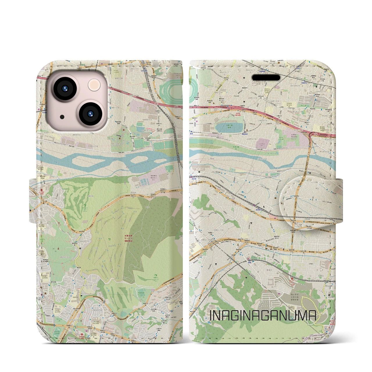 【稲城長沼(東京都)】地図柄iPhoneケース(手帳タイプ)ナチュラル・iPhone 13 mini 用
