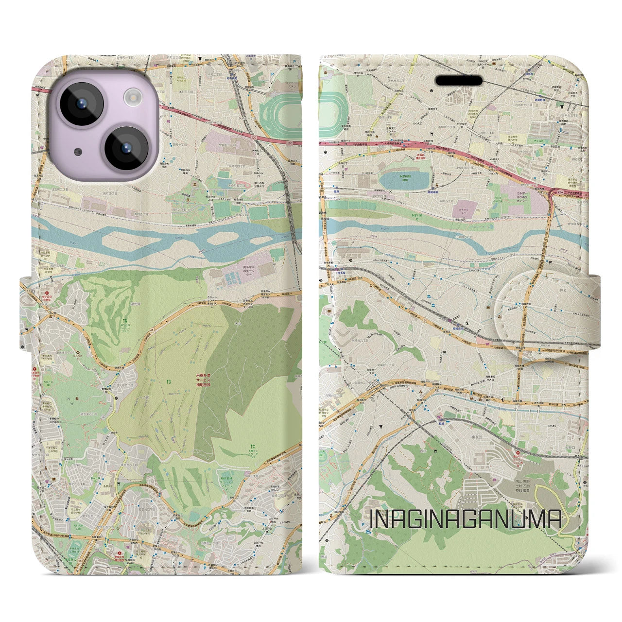 【稲城長沼(東京都)】地図柄iPhoneケース(手帳タイプ)ナチュラル・iPhone 14 用