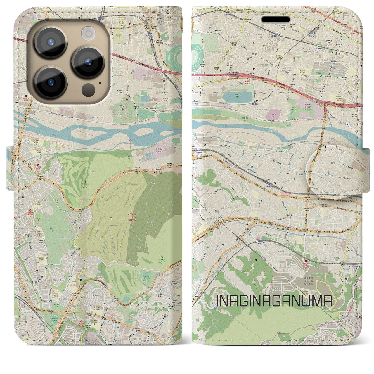 【稲城長沼(東京都)】地図柄iPhoneケース(手帳タイプ)ナチュラル・iPhone 14 Pro Max 用