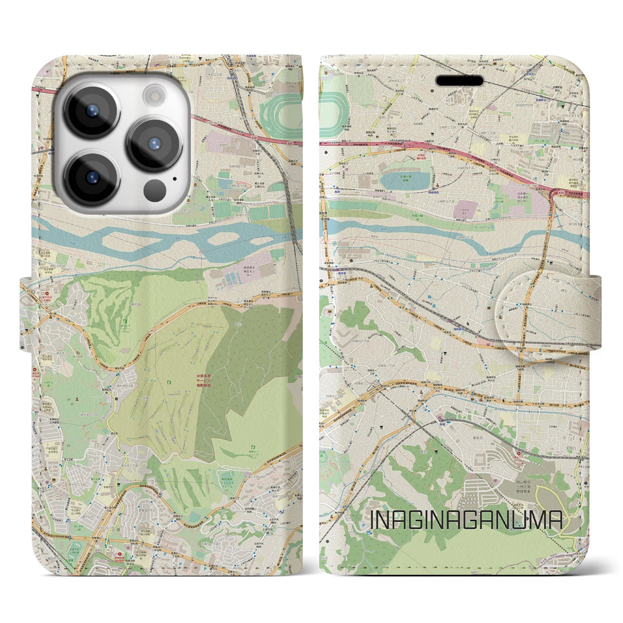 【稲城長沼(東京都)】地図柄iPhoneケース(手帳タイプ)ナチュラル・iPhone 14 Pro 用