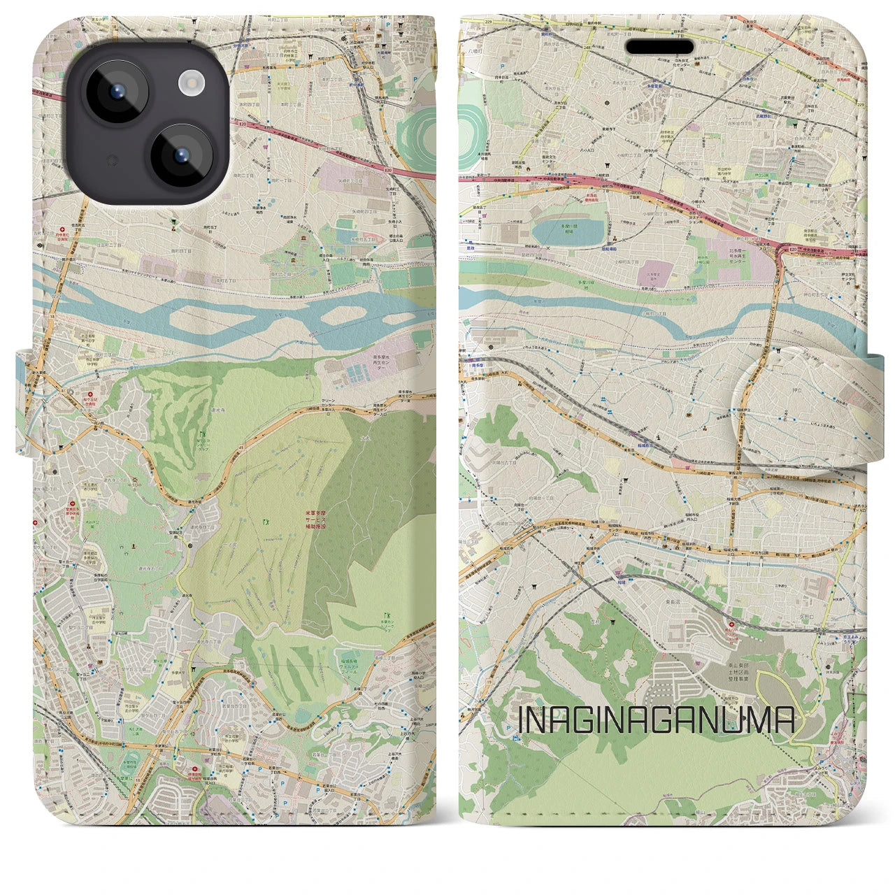 【稲城長沼(東京都)】地図柄iPhoneケース(手帳タイプ)ナチュラル・iPhone 14 Plus 用