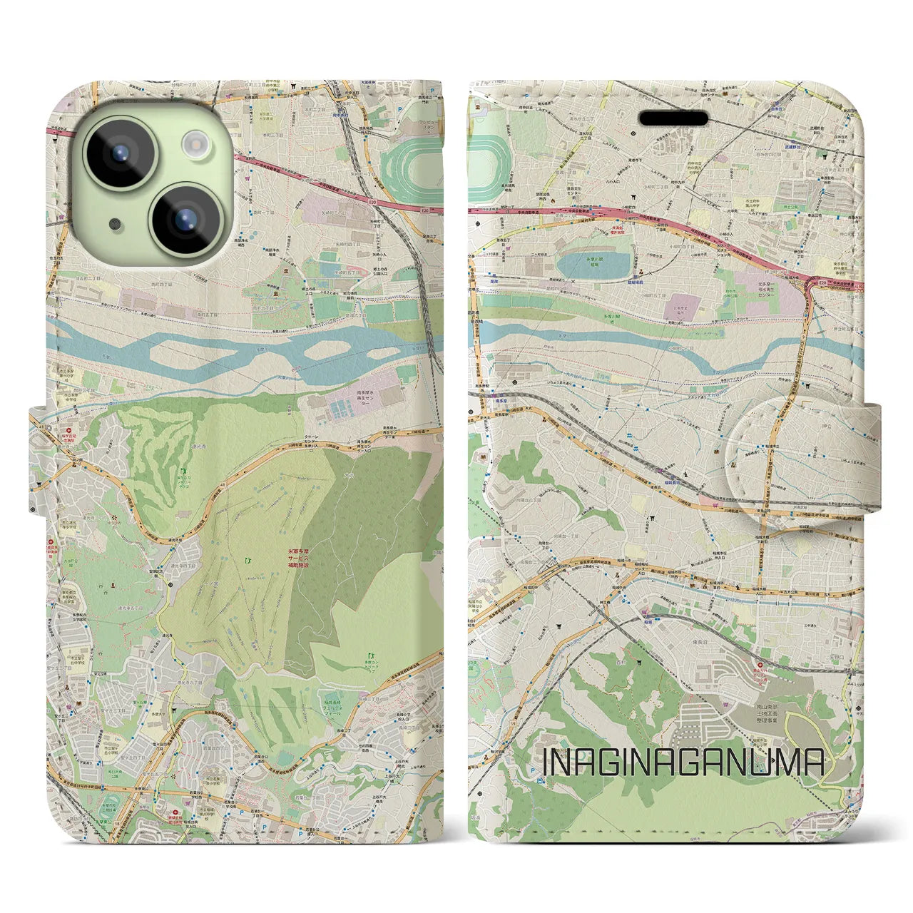 【稲城長沼(東京都)】地図柄iPhoneケース(手帳タイプ)ナチュラル・iPhone 15 用