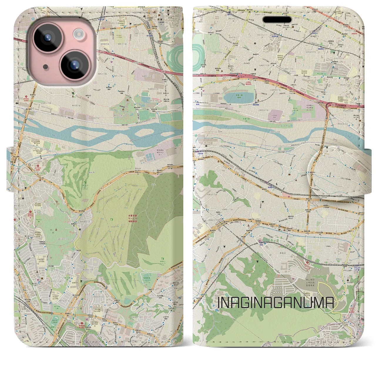 【稲城長沼(東京都)】地図柄iPhoneケース(手帳タイプ)ナチュラル・iPhone 15 Plus 用