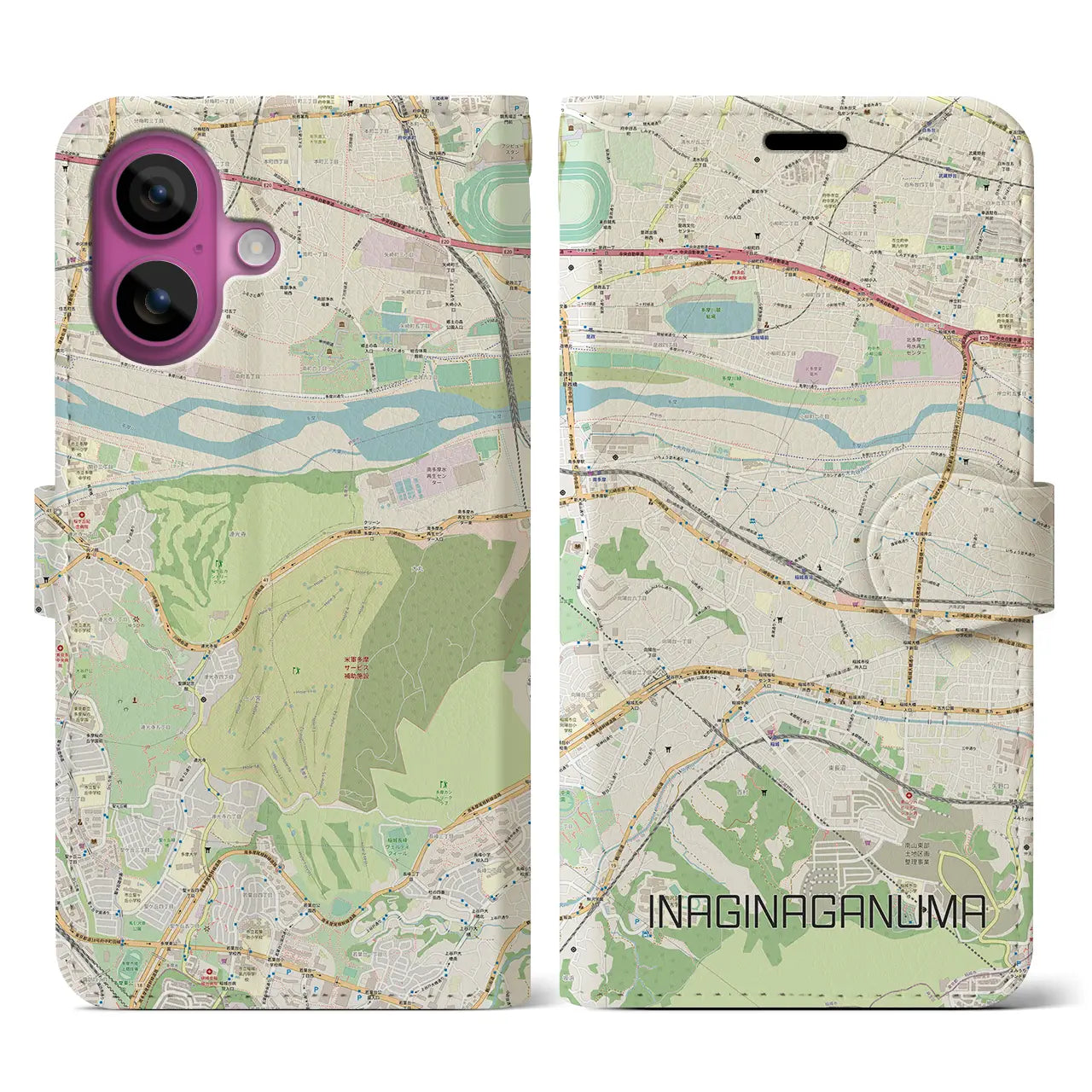 【稲城長沼(東京都)】地図柄iPhoneケース(手帳タイプ)ナチュラル・iPhone 16 Pro 用