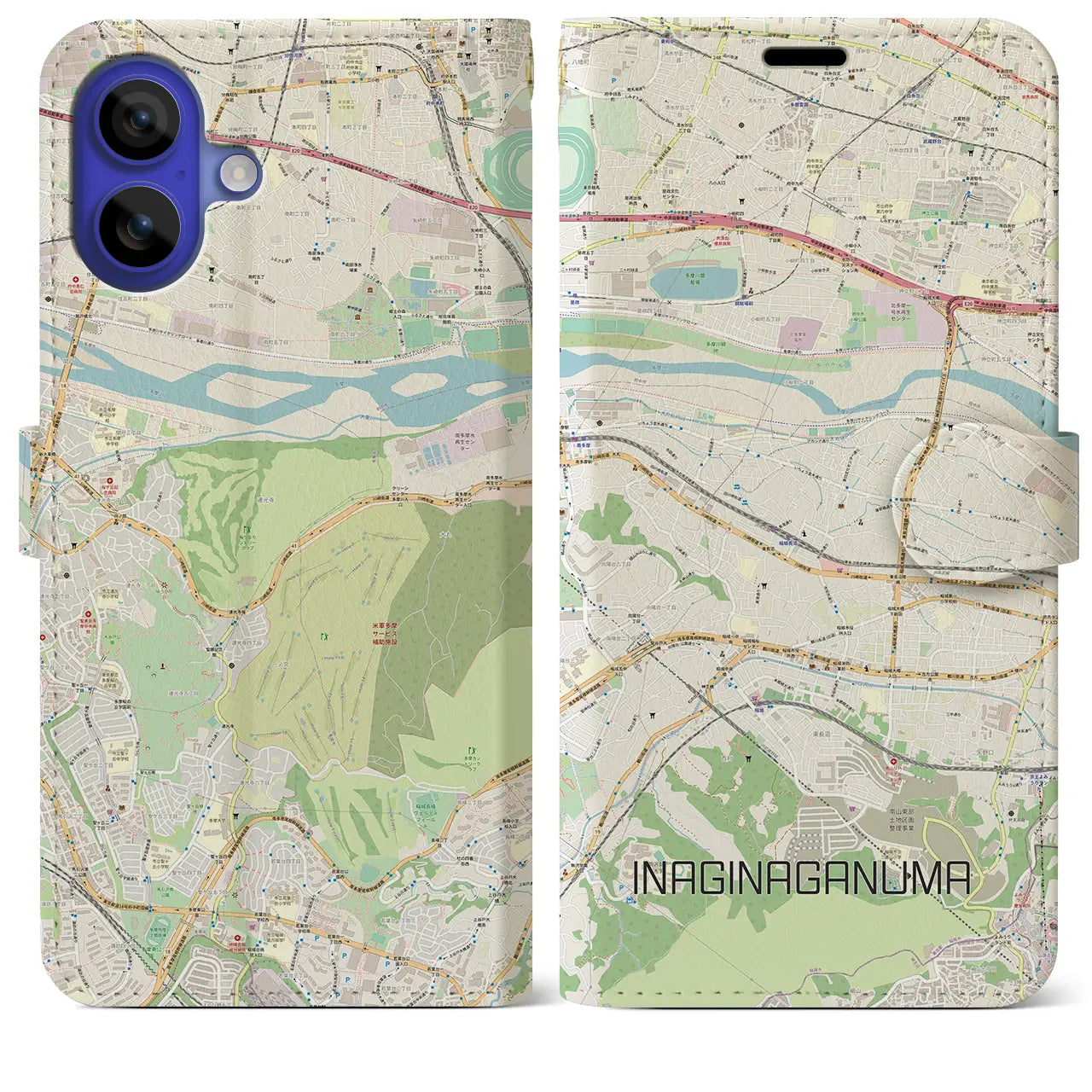 【稲城長沼(東京都)】地図柄iPhoneケース(手帳タイプ)ナチュラル・iPhone 16 Pro Max 用