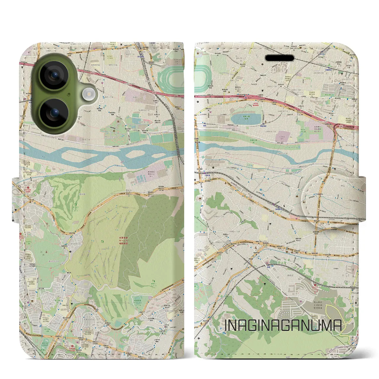 【稲城長沼(東京都)】地図柄iPhoneケース(手帳タイプ)モノトーン・iPhone 17 Pro Max 用