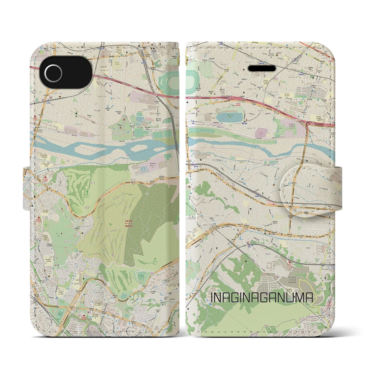 【稲城長沼(東京都)】地図柄iPhoneケース(手帳タイプ)ナチュラル・iPhone SE(第3 / 第2世代) / 8 / 7 / 6s / 6 用