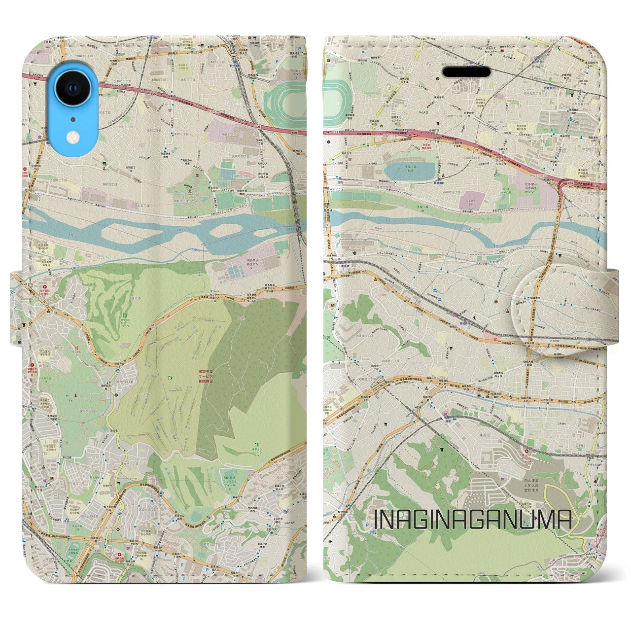 【稲城長沼(東京都)】地図柄iPhoneケース(手帳タイプ)ナチュラル・iPhone XR 用